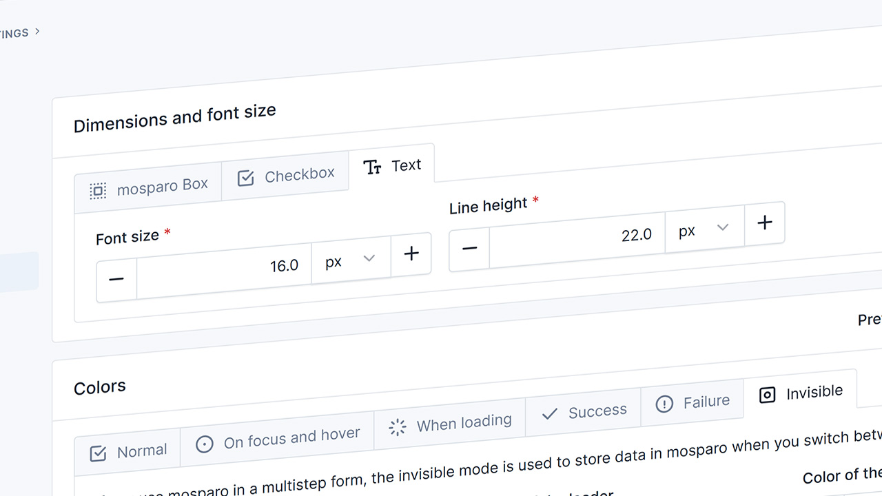 Shows the design settings to configure the font size and line height.