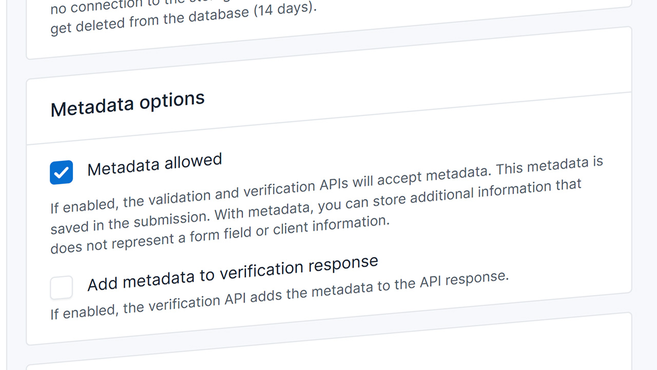 Shows the configuration option to enable metadata in the mosparo project's settings.
