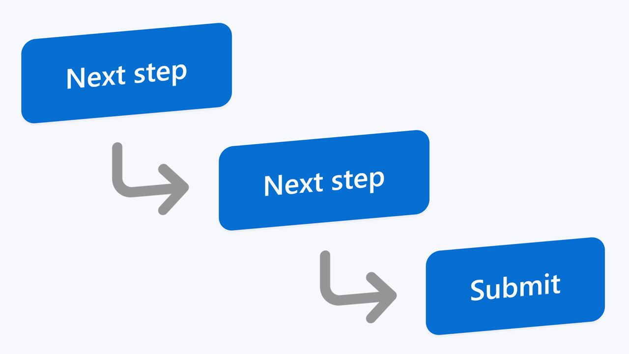 Shows three blue buttons connected. The first two contain the text 'Next step', the last one 'Submit'. The buttons show the ability to protect multi-step forms.